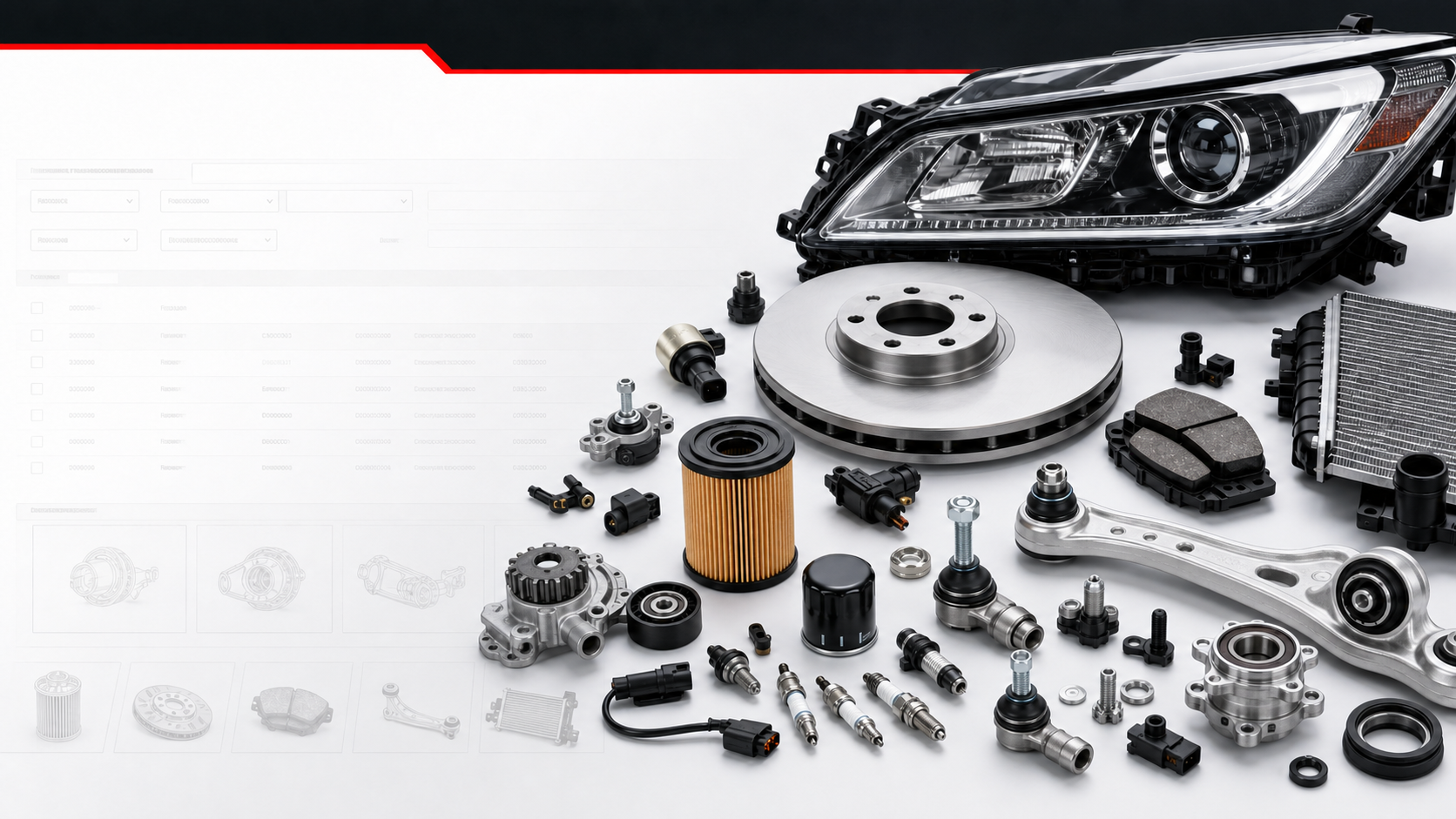 Chinese car parts including headlights, brake parts, filters, sensors and suspension parts